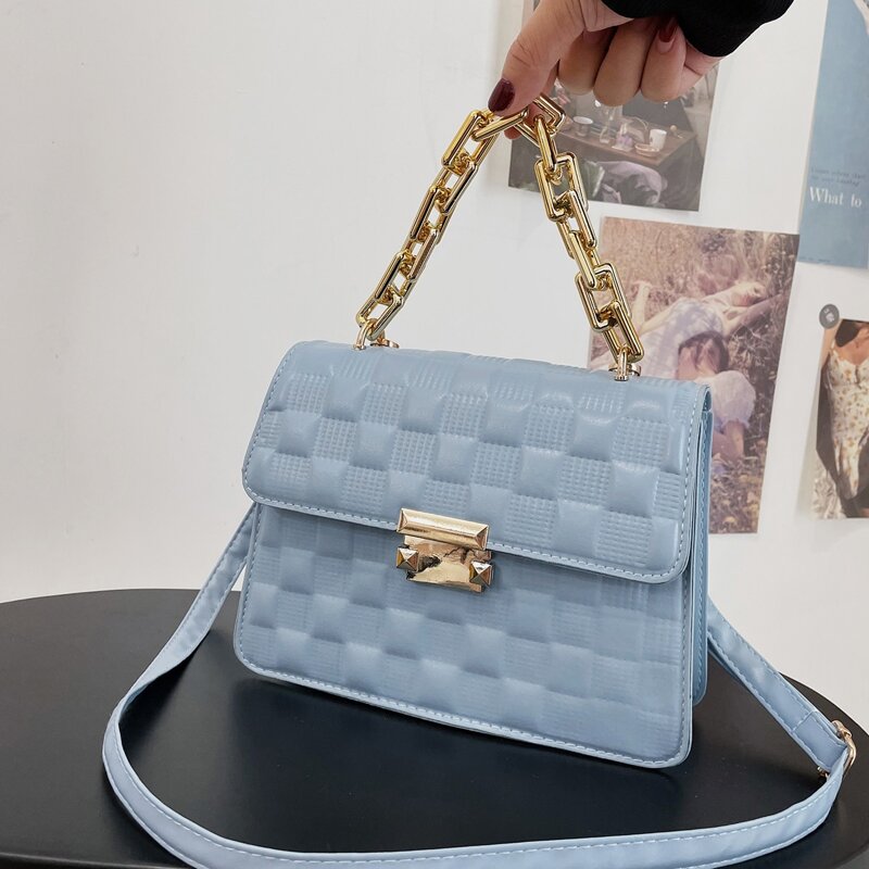 

Chain Handle Quilted Square Bag, Blue
