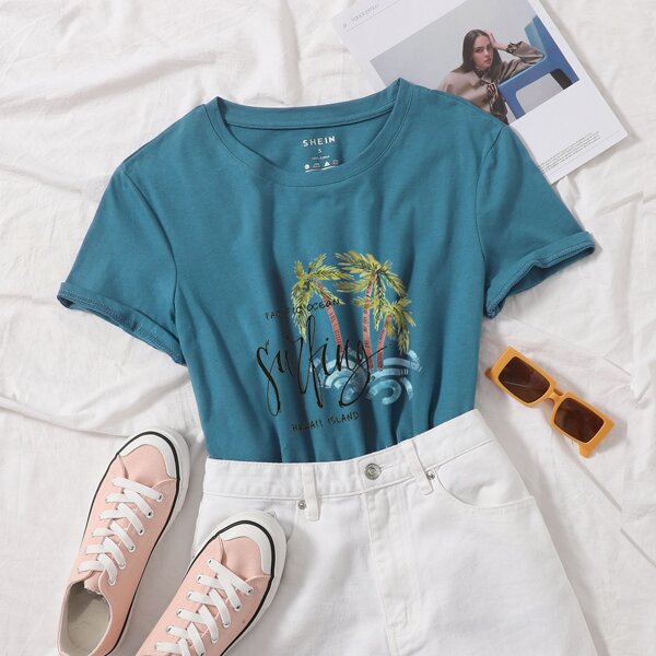 

Letter And Tropical Print Tee, Teal blue