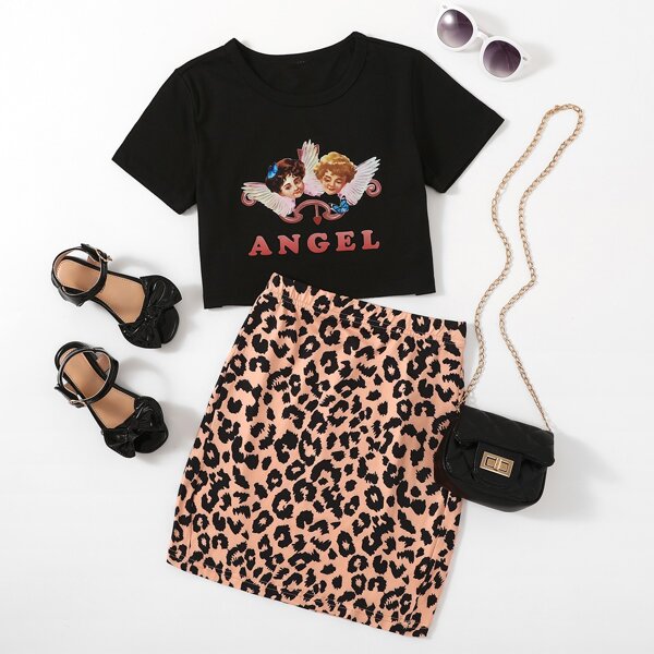 

Girls Angel & Letter Graphic Tee With Skirt, Multicolor