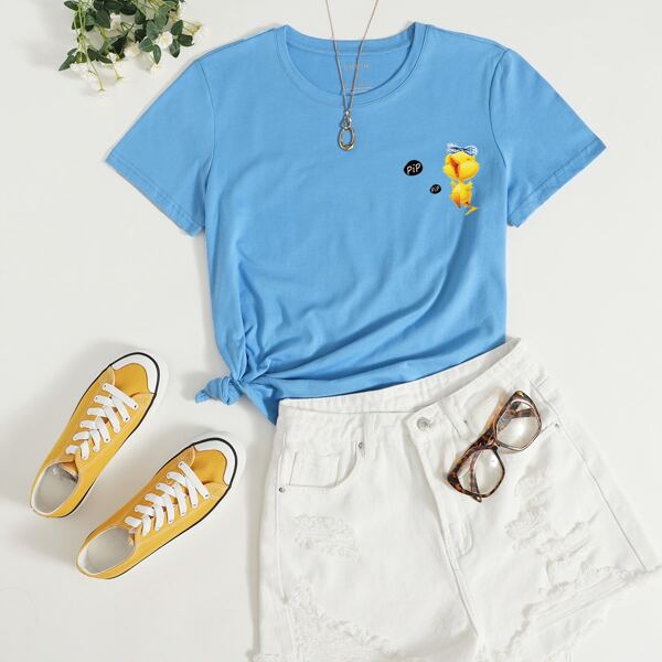 

Cartoon And Letter Graphic Tee, Baby blue
