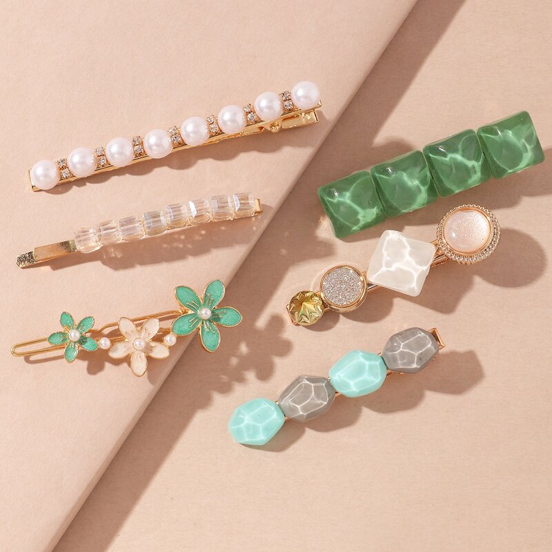 

6pcs Faux Pearl Hair Clip, Green