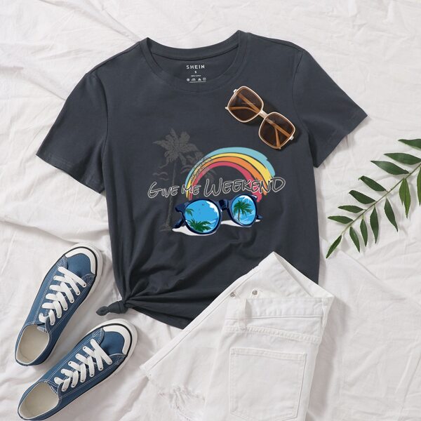 

Slogan And Tropical Print Tee, Dark grey