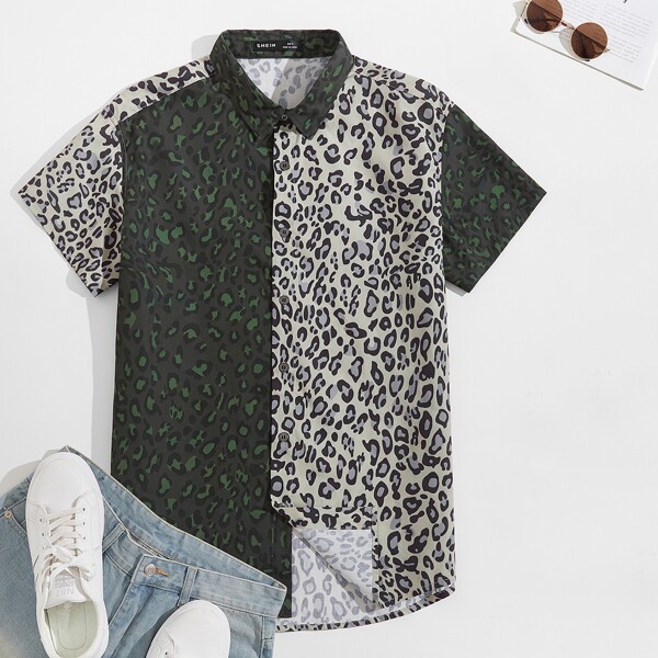 

Men Color Block Leopard Print Shirt, Multicolor