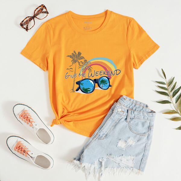

Slogan And Tropical Print Tee, Yellow