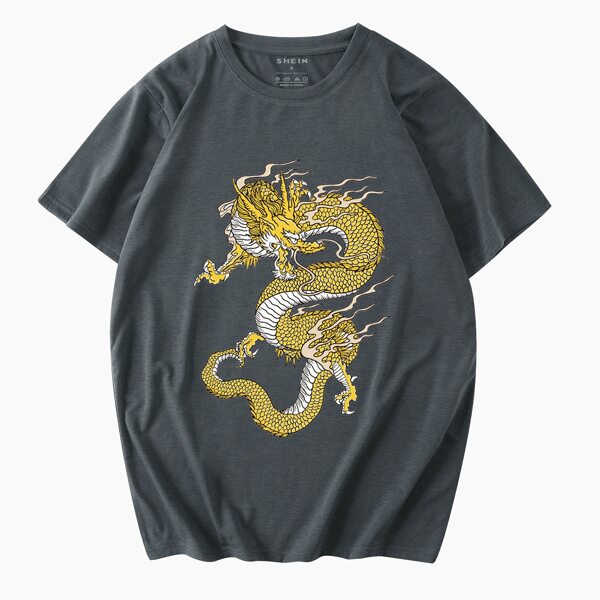 

Men Chinese Dragon Print Tee, Dark grey