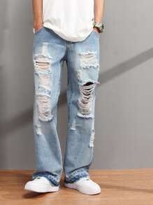 Manfinity Roghcode Loose Fit Men's Ripped Raw Cut Straight Leg Jeans - Light Wash - View 1