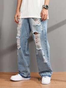 Manfinity Roghcode Loose Fit Men's Ripped Raw Cut Straight Leg Jeans - Light Wash - View 3