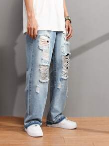 Manfinity Roghcode Loose Fit Men's Ripped Raw Cut Straight Leg Jeans - Light Wash - View 4