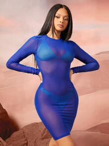 SHEIN unicolor transparente Vestido ajustado sin Ropa interior - azul real - Ver 1