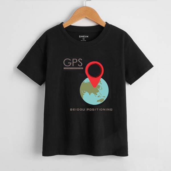 

Boys Letter & Map Print Tee, Black