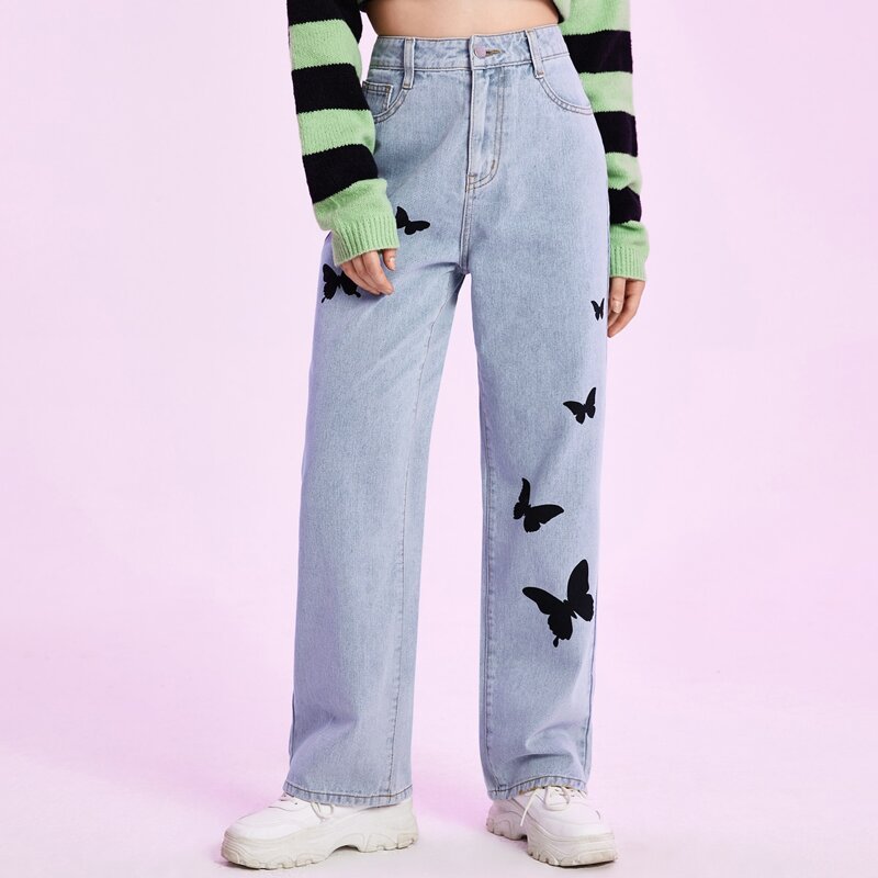 

Butterfly Print Wide Leg Jeans, Light wash
