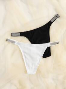 2 paquetes Conjunto de panty con cinta de lentejuelas acanaladas de talla grande - Blanco y Negro - Ver 2