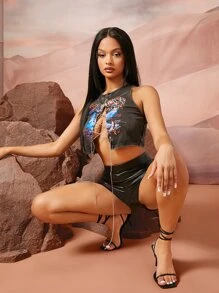 SHEIN SXY Áo hai dây Chuỗi Hội Chữ thập Thùa khuyết Đồ họa Lá thư Gợi cảm - màu đen - Xem 3