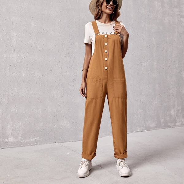 

Button Front Dual Pockets Overalls, Brown