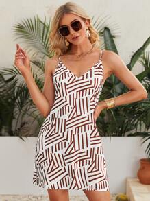SHEIN VCAY Geo Print Double V-neck Cami Dress - Red and White - View 1