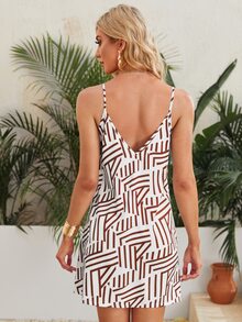 SHEIN VCAY Geo Print Double V-neck Cami Dress - Red and White - View 2