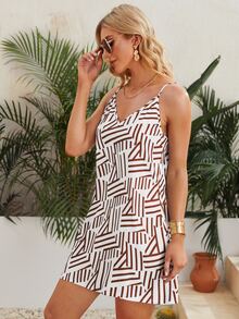 SHEIN VCAY Geo Print Double V-neck Cami Dress - Red and White - View 4