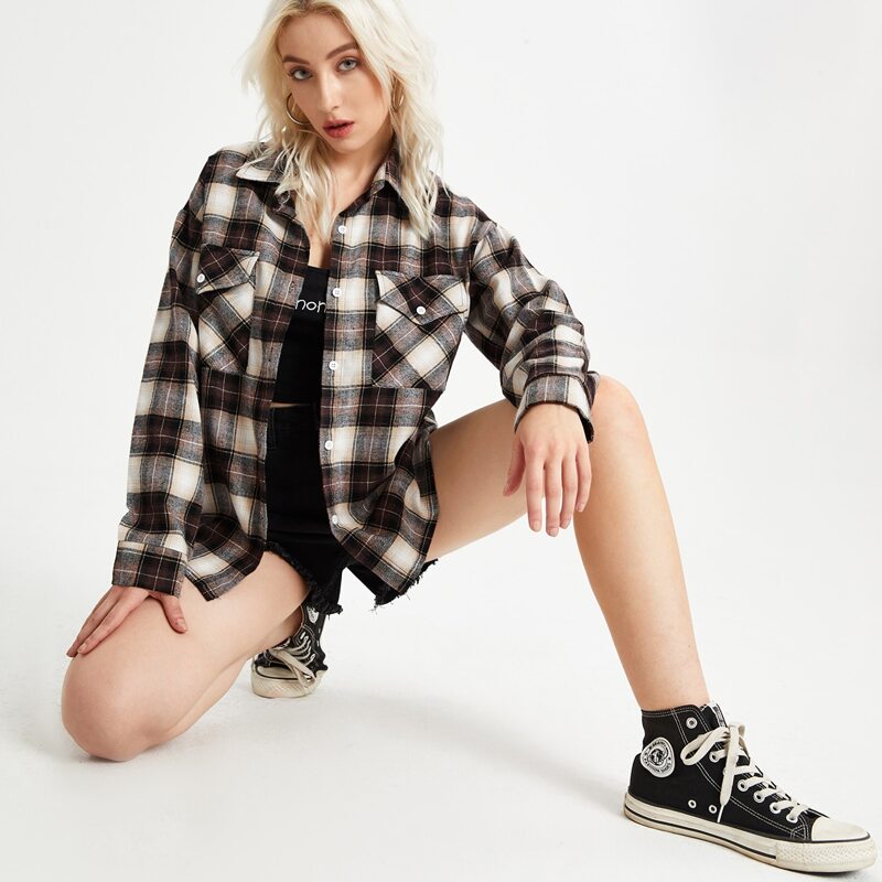 

Plaid Button Front Pocket Blouse, Multicolor