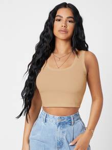 SHEIN PETITE Rib-knit Crop Tank Top - Khaki - View 1
