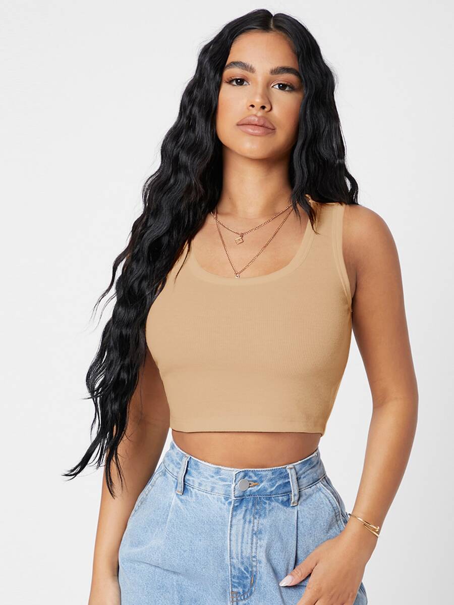 SHEIN PETITE Rib-knit Crop Tank Top - Khaki - View 1