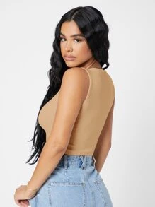 SHEIN PETITE Rib-knit Crop Tank Top - Khaki - View 2