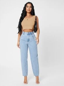 SHEIN PETITE Rib-knit Crop Tank Top - Khaki - View 3
