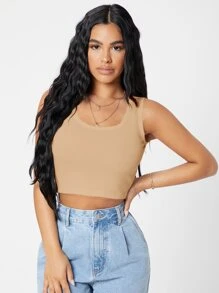 SHEIN PETITE Rib-knit Crop Tank Top - Khaki - View 4