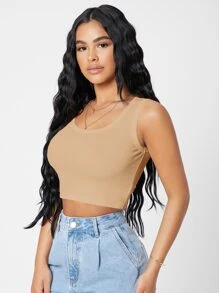 SHEIN PETITE Rib-knit Crop Tank Top - Khaki - View 5