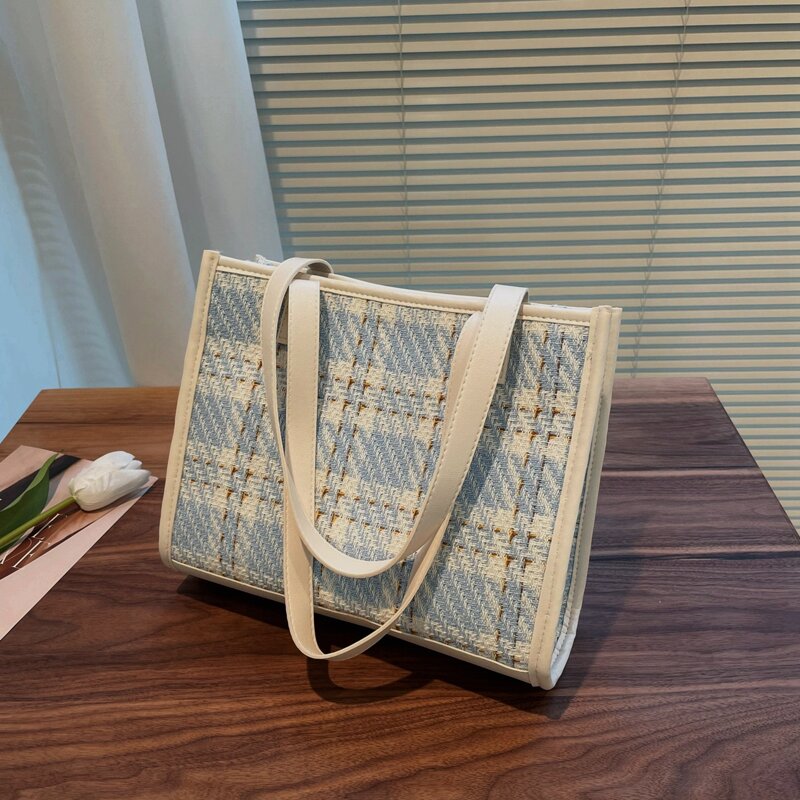

Plaid Tote Bag, White