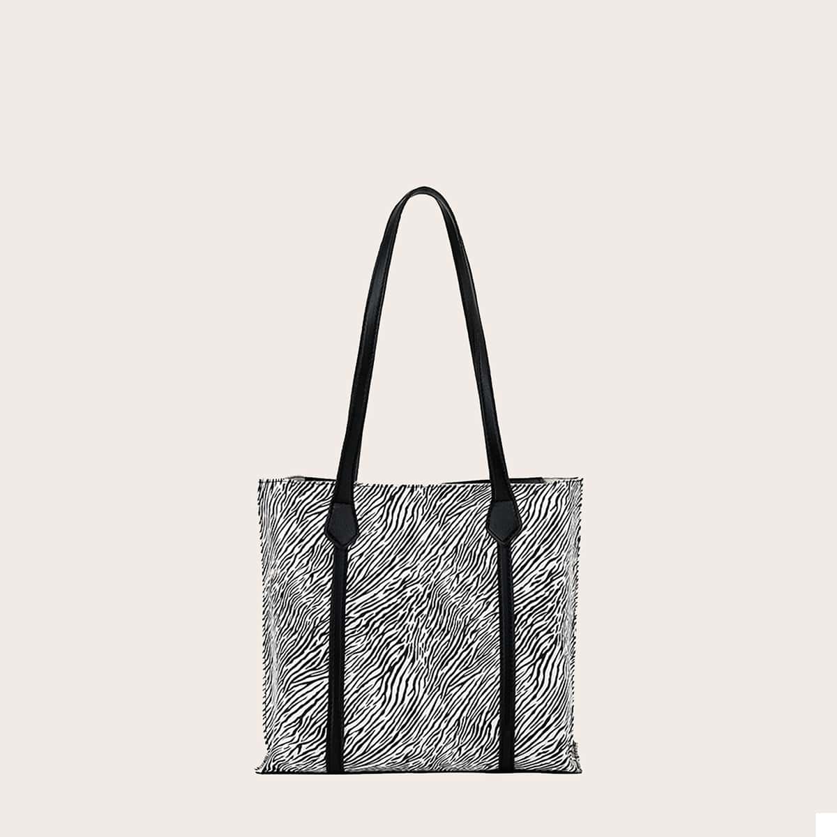 

Zebra Stripe Trim Shoulder Tote Bag, Black and white