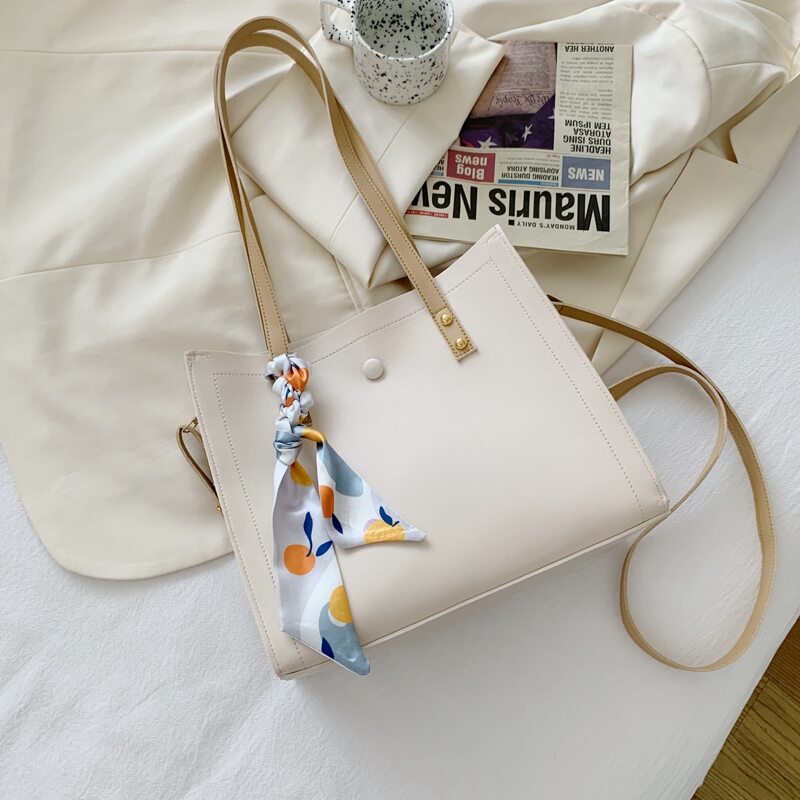 

Scarf Decor Tote Bag With Clutch Bag, White