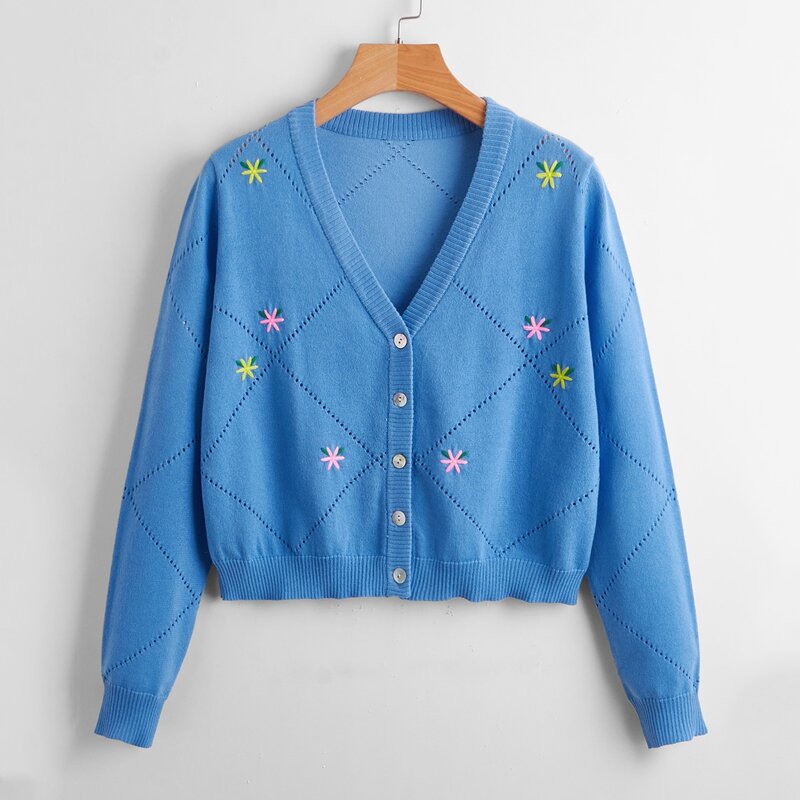 

Floral Embroidery V-Neck Cardigan, Blue