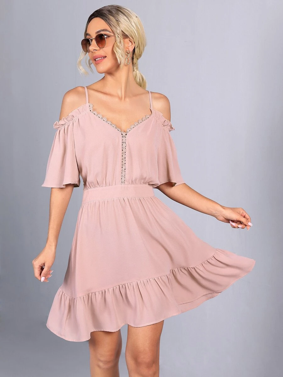 SHEIN 挖肩蕾絲邊綁結露背連衣裙 - 藕粉色 - 查看 1