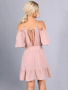 SHEIN 挖肩蕾絲邊綁結露背連衣裙 - 藕粉色 - 查看 2