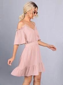 SHEIN 挖肩蕾絲邊綁結露背連衣裙 - 藕粉色 - 查看 4