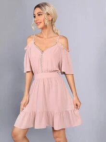 SHEIN 挖肩蕾絲邊綁結露背連衣裙 - 藕粉色 - 查看 5