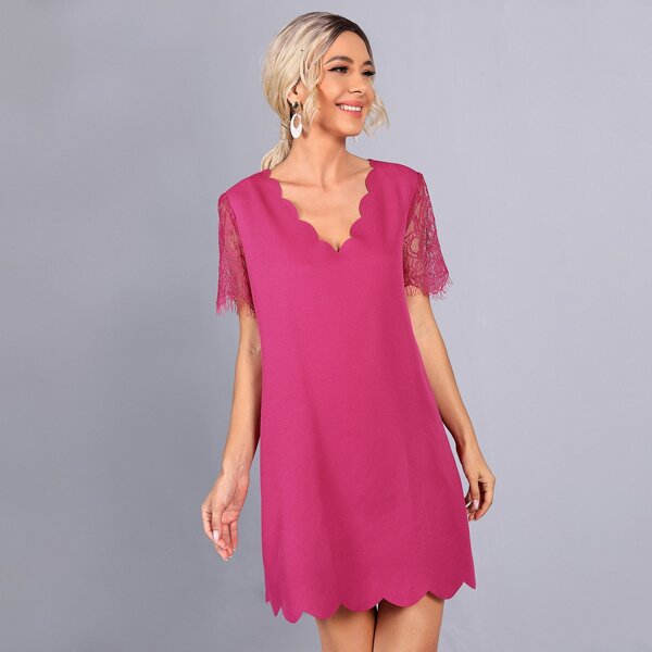 

Sheer Lace Sleeve Scallop Trim Dress, Red violet