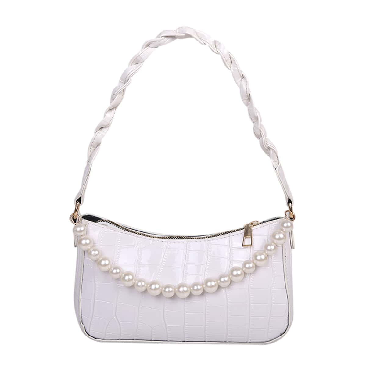 

Faux Pearl Decor Shoulder Bag, White