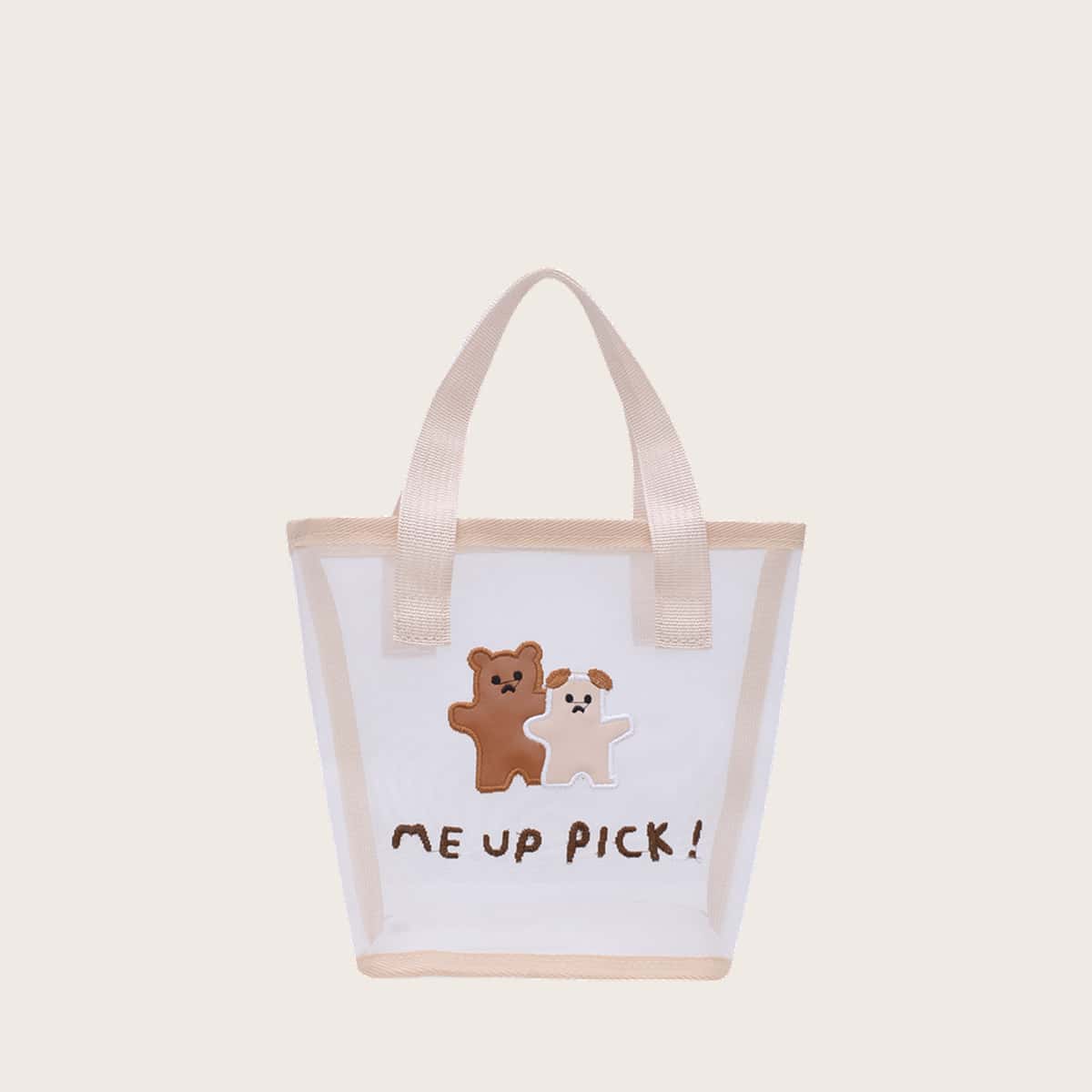 

Cartoon Bear and Letter Graphic Tote Bag, White