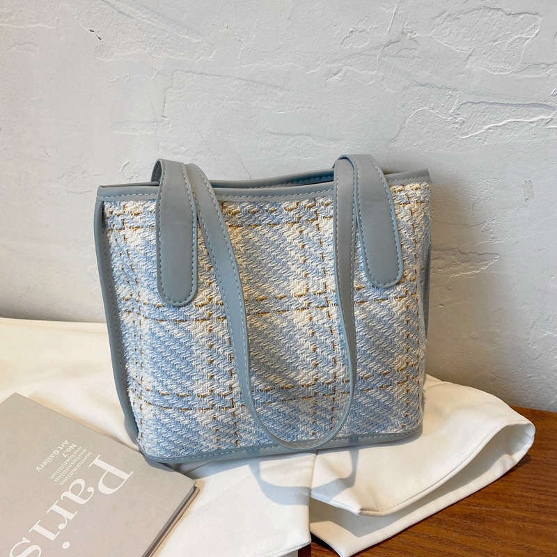 

Plaid Pattern Shoulder Tote Bag, Baby blue