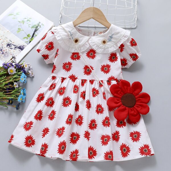 

Toddler Girls Sunflower Dress & Bag Set, Red and white