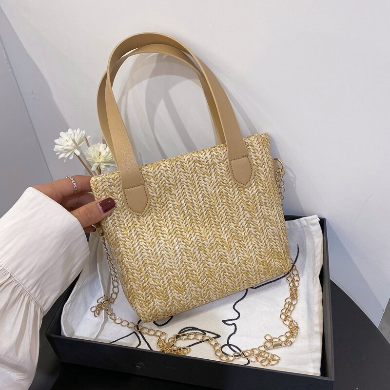 

Chain Strap Straw Bag, Khaki