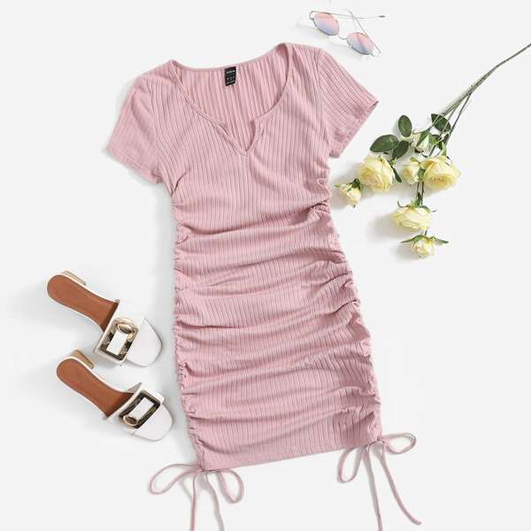 

Notched Neck Rib-knit Drawstring Ruched Dress, Pink