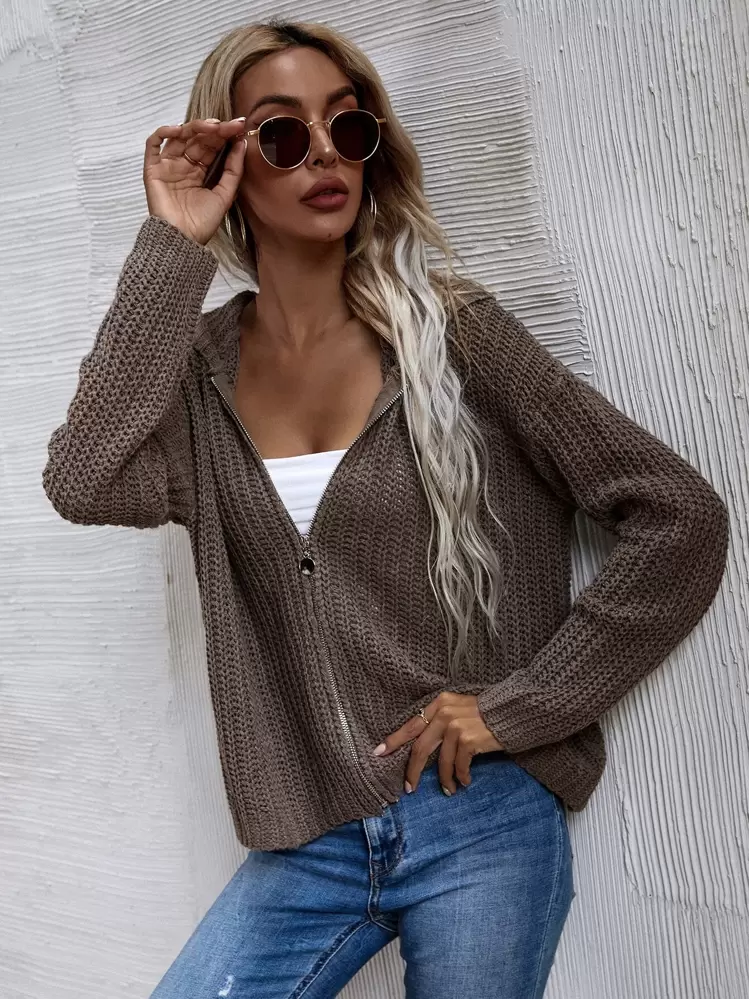 SHEIN LUNE קרדיגן קפוצ'ון עם רוכסן קדמי - חום מוקה - ראה 2