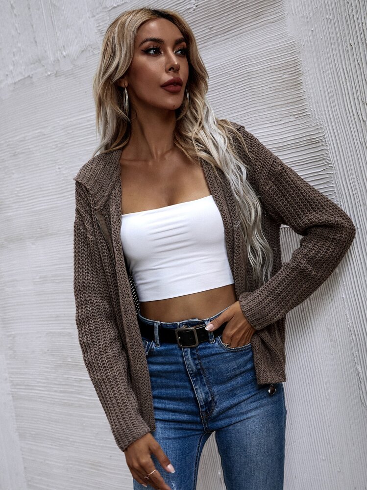 SHEIN LUNE קרדיגן קפוצ'ון עם רוכסן קדמי - חום מוקה - ראה 5
