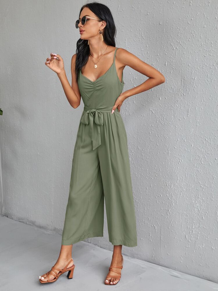 Ruched Front Belted Cami Jumpsuit - Army Green - View 3