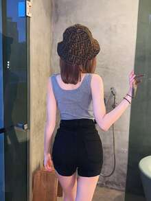 High Waist Solid Color Skinny Denim Shorts, Gyaru Fashion, Spring/Summer - Black - View 3