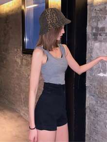 High Waist Solid Color Skinny Denim Shorts, Gyaru Fashion, Spring/Summer - Black - View 4