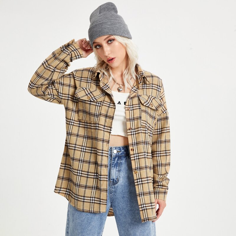 

Plaid Button Through Drop Shoulder Coat, Khaki