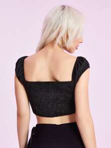 ROMWE Solid Drawstring Crop Top - Black - View 2